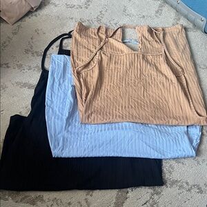 Set of Three Ribbed, backless short bodysuits - Black, Blue, Tan